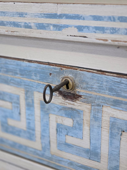 Antique English Pine Painted Dresser Chest of Drawers With Greek Key Motif