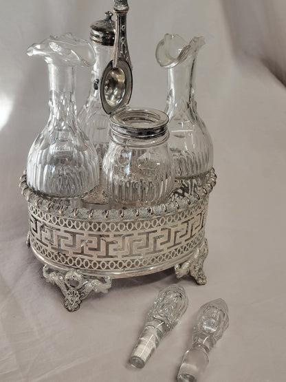 Antique Silverplate and Crystal Four Bottle Cruet Set