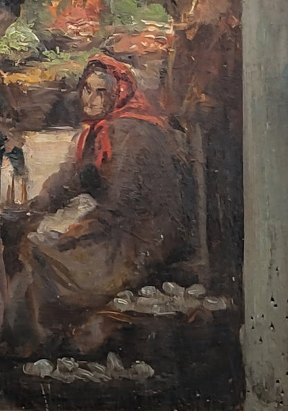 Antique Early 1900s Oil on Panel of a Venetian Market Scene by M.S. Loresen (?)