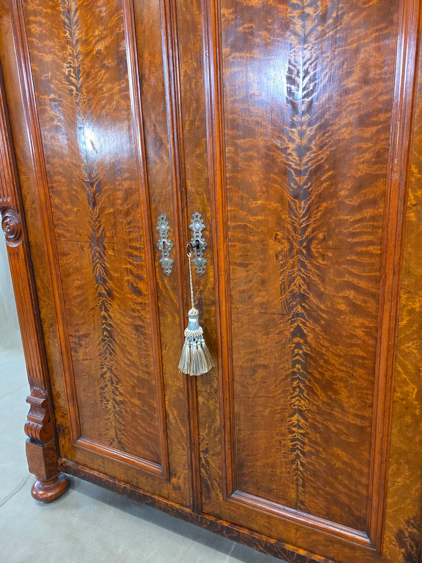 Antique 19th Century German Wilhelmenian Flame Birch Vertical Buffet Sideboard