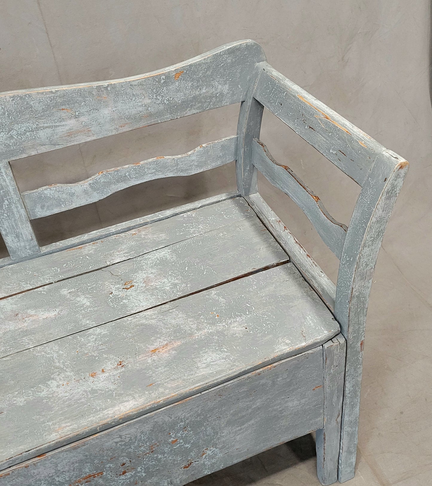 Antique 19th Century Swedish Storage Bench with Blue/Gray Paint and Linen Cushion