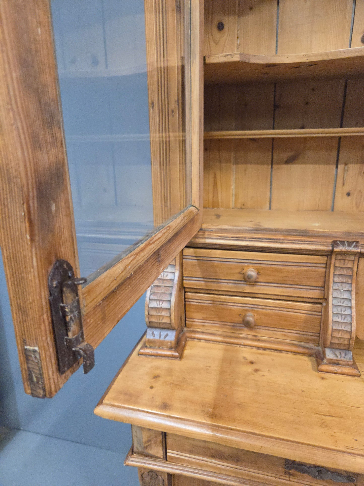 Antique Eastern European Pine Stepback China Cabinet Sideboard Hutch
