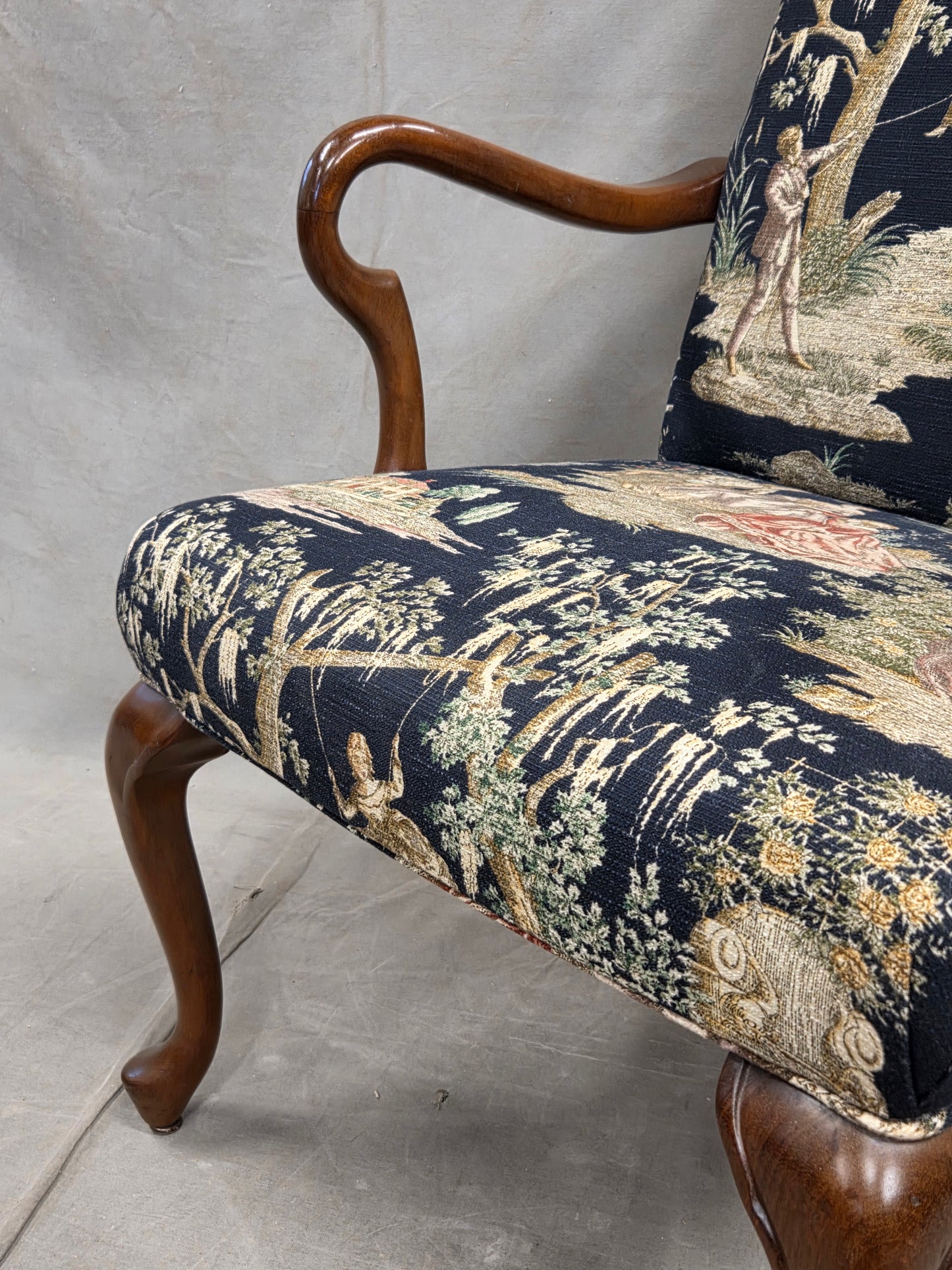 Pair of Vintage Queen Anne Chairs and Ottoman with Black Toile Upholstery