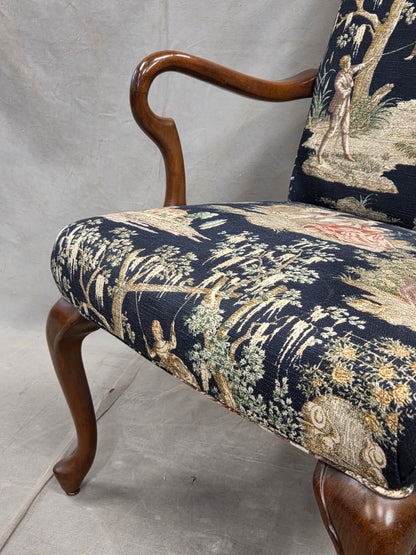 Pair of Vintage Queen Anne Chairs and Ottoman with Black Toile Upholstery