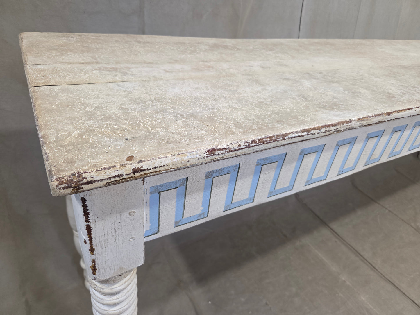 Antique French Rustic Painted Pine Console Table with Greek Key Motif