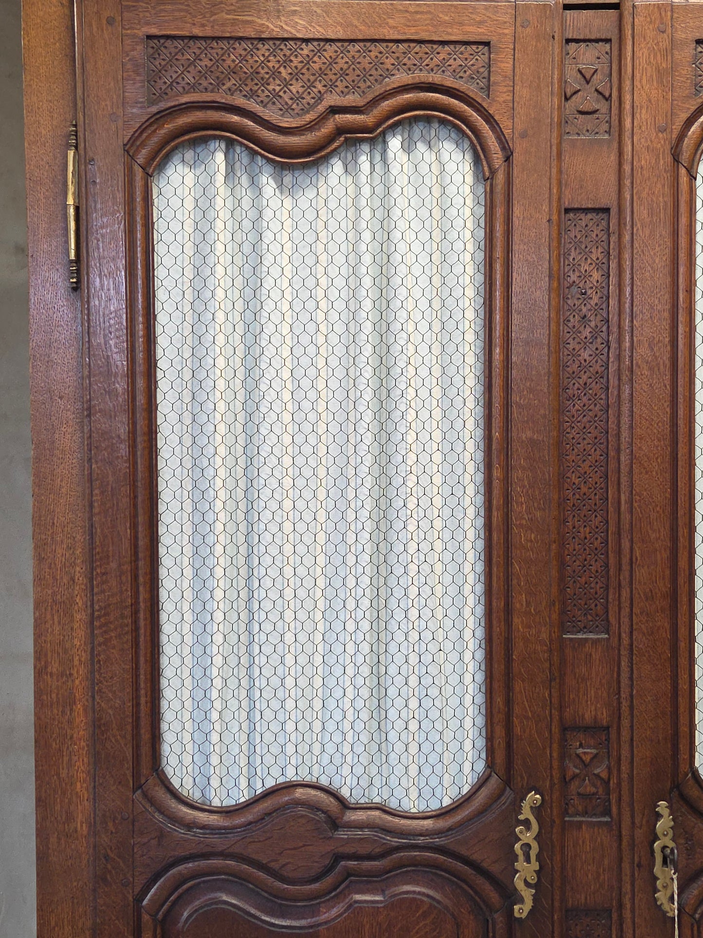 Antique French Provincial Wardrobe with Wire Grills and Interior Blue Curtains