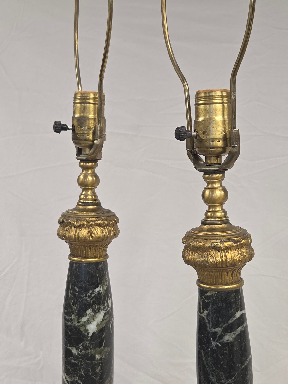 Vintage Pair French Empire Neoclassical Style Marble and Gilt Bronze Table Lamps