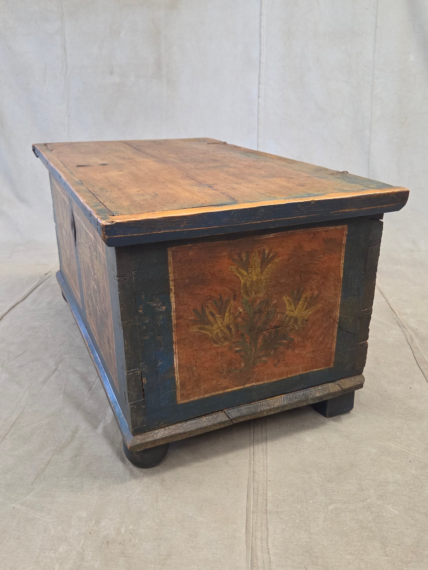 Antique 19th Century German or Austrian Original Blue Painted Pine Blanket Chest