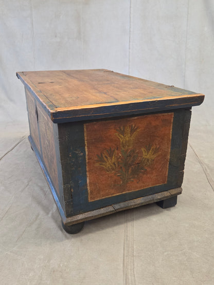 Antique 19th Century German or Austrian Original Blue Painted Pine Blanket Chest