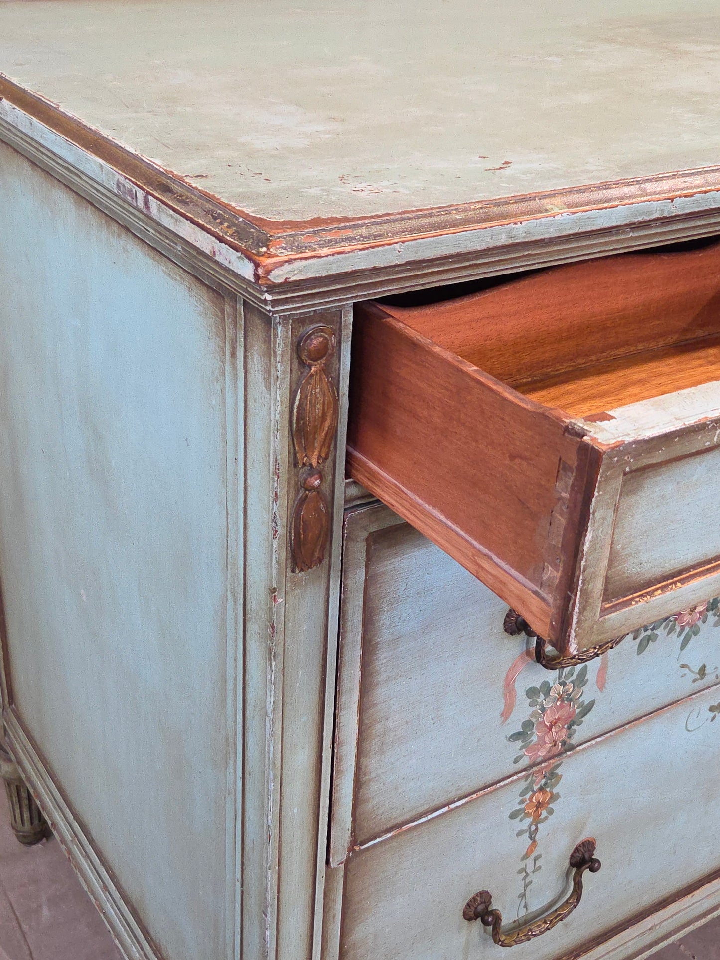 Antique French Floral Painted Mahogany Dresser with Matching Mirror