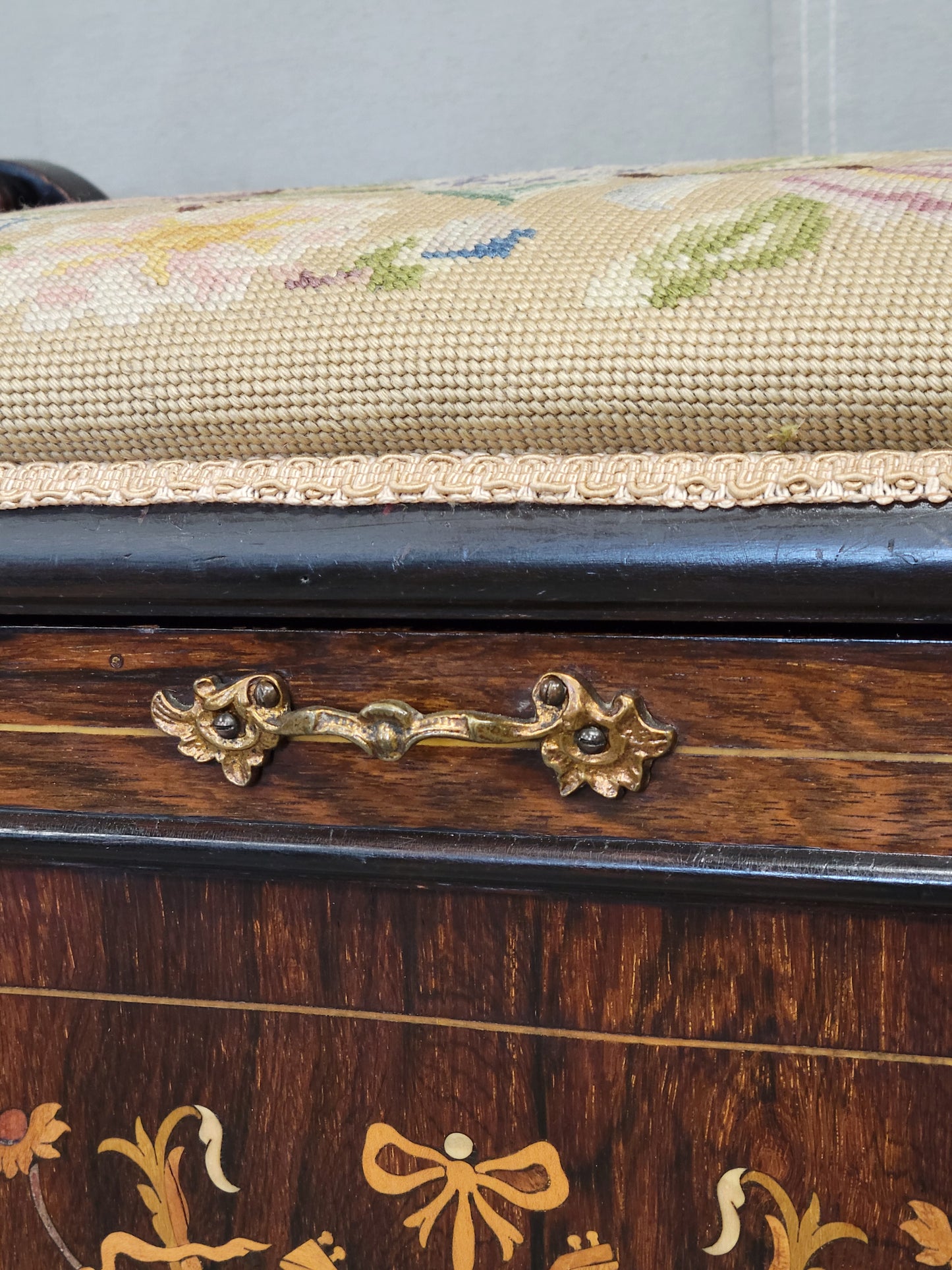 Antique English Edwardian Mahogany Inlay and Needelpoint Piano Stool