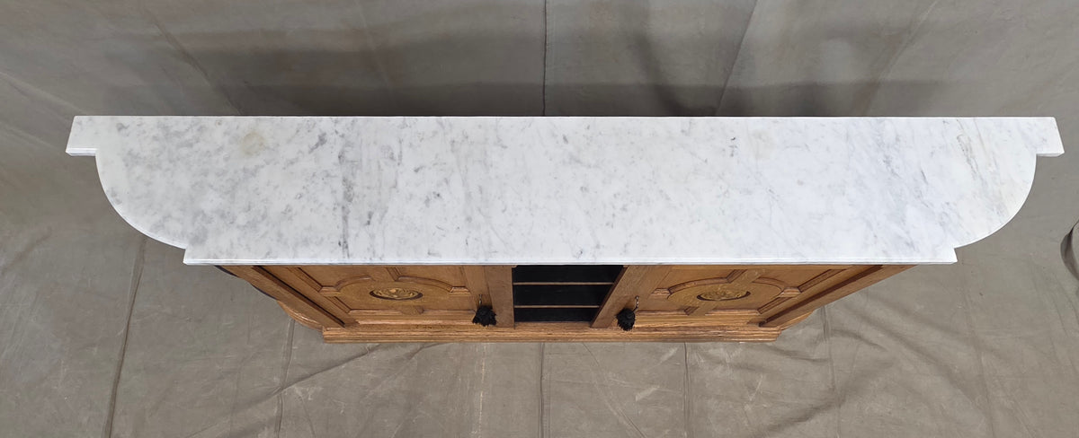 Antique Early 1900s Oak Console Cabinet With Doors, Shelves and a Marble Top
