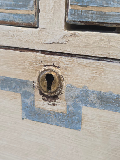 Antique English Pine Painted Dresser Chest of Drawers With Greek Key Motif