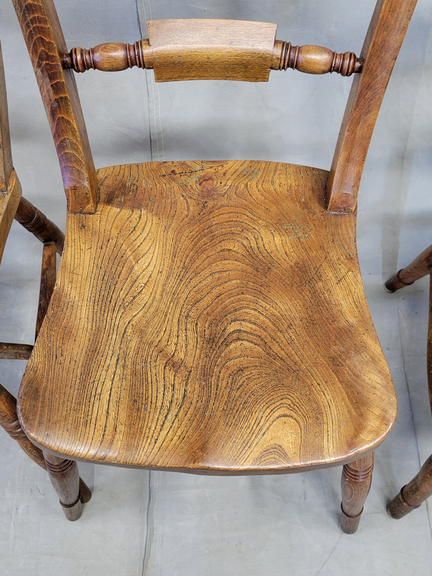 Antique 19th Century English Country Elm Oxford Bar-Back Side Chairs - Set of 6