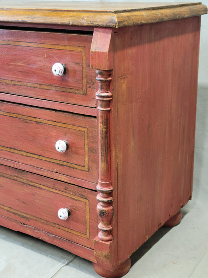 Antique European Pine Dresser With Red Distressed Paint and French Line Motif