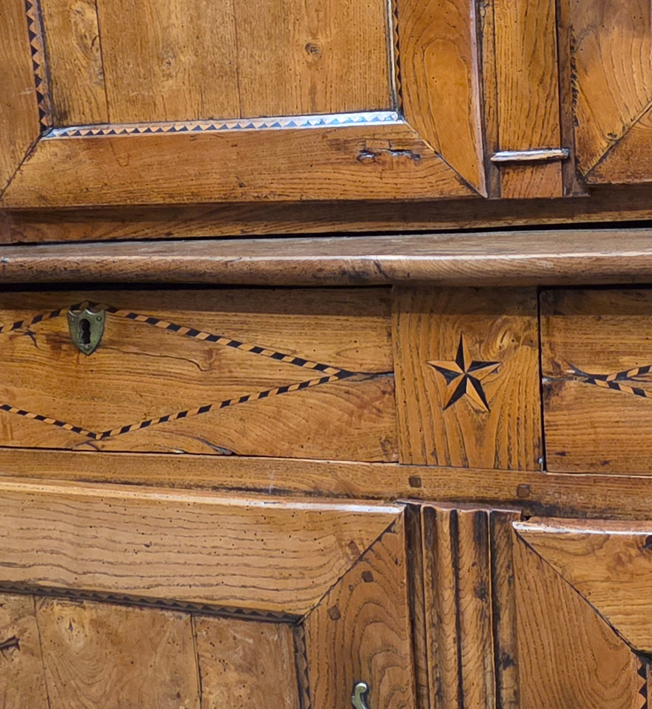 Antique French Elm Deux Corps Buffet Cabinet With Inlay and Fitted Interior