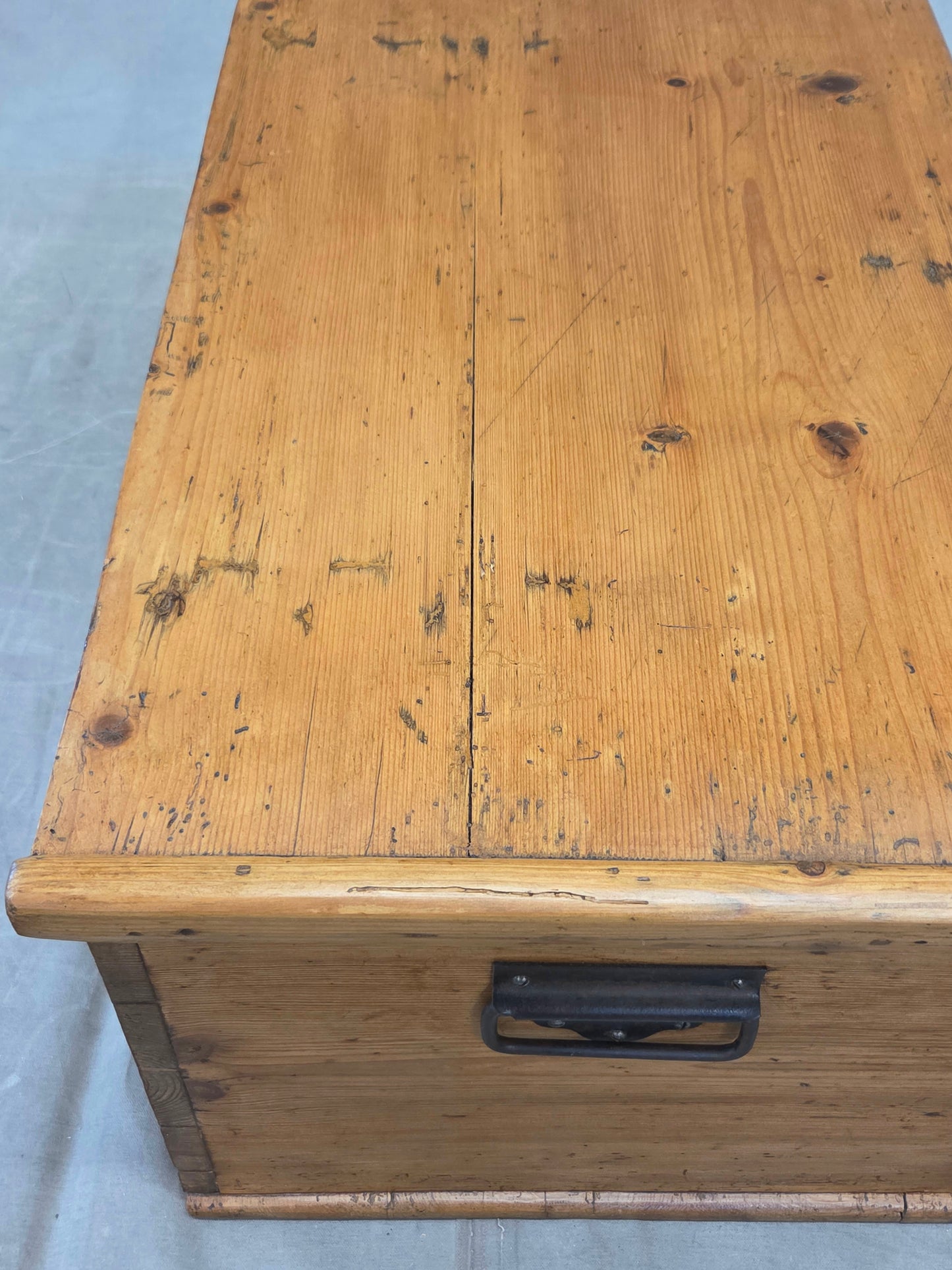 Antique German Natural Pine Storage Trunk with Original Iron Key