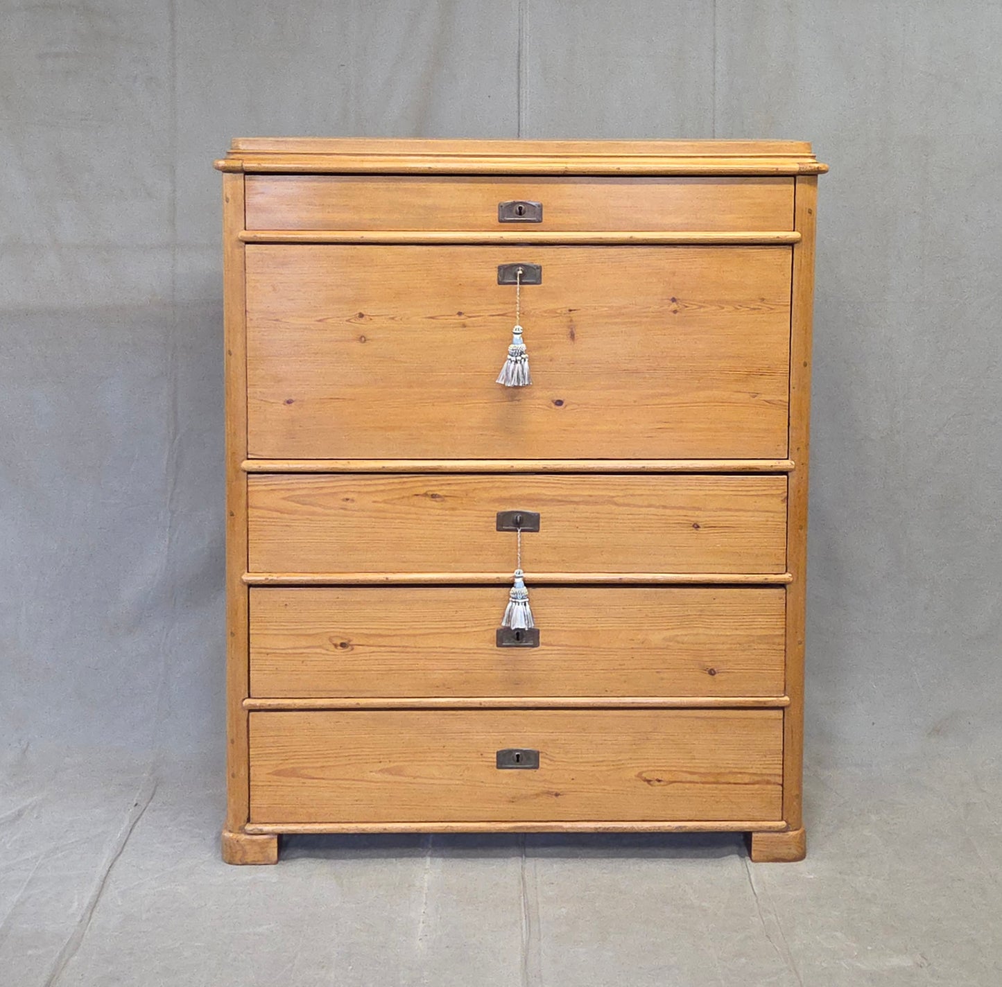 Antique Swedish Biedermeier Natural Pine Drop Front Desk with Drawers and Keys