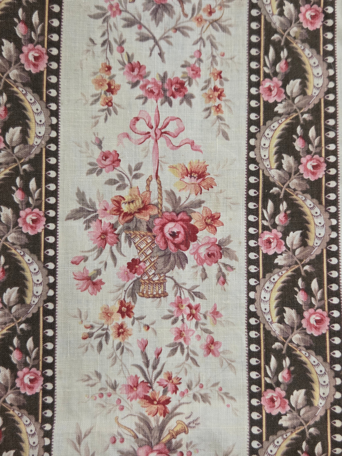 Antique 1920s French Cotton Curtain Panel, Pink and Brown Stripe With Florals