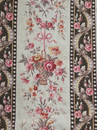 Antique 1920s French Cotton Curtain Panel, Pink and Brown Stripe With Florals