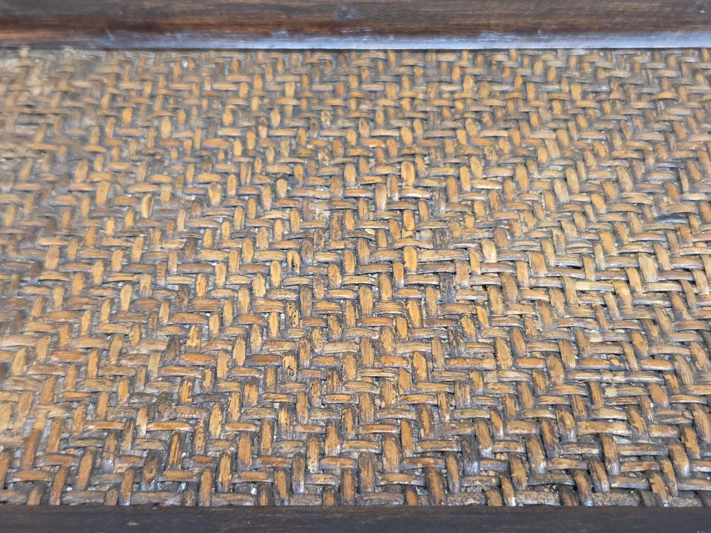 Vintage Chinese Elm Bench with Woven Rattan Seat and Hand Carved Accents