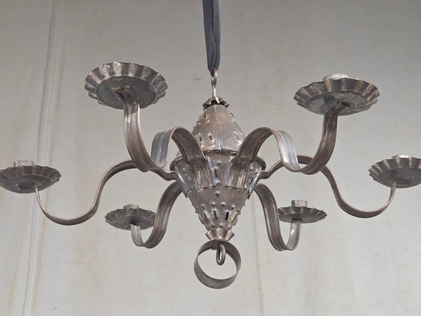 Antique Punched Tin Six-Arm Candle Chandelier, New Mexico, Spanish Colonial style