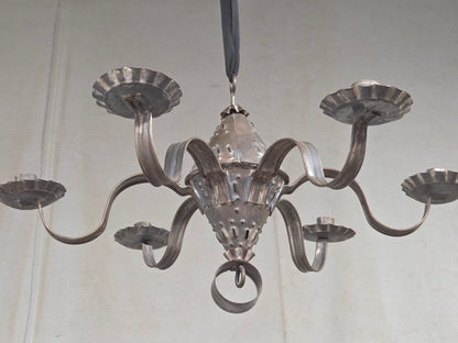 Antique Punched Tin Six-Arm Candle Chandelier, New Mexico, Spanish Colonial style