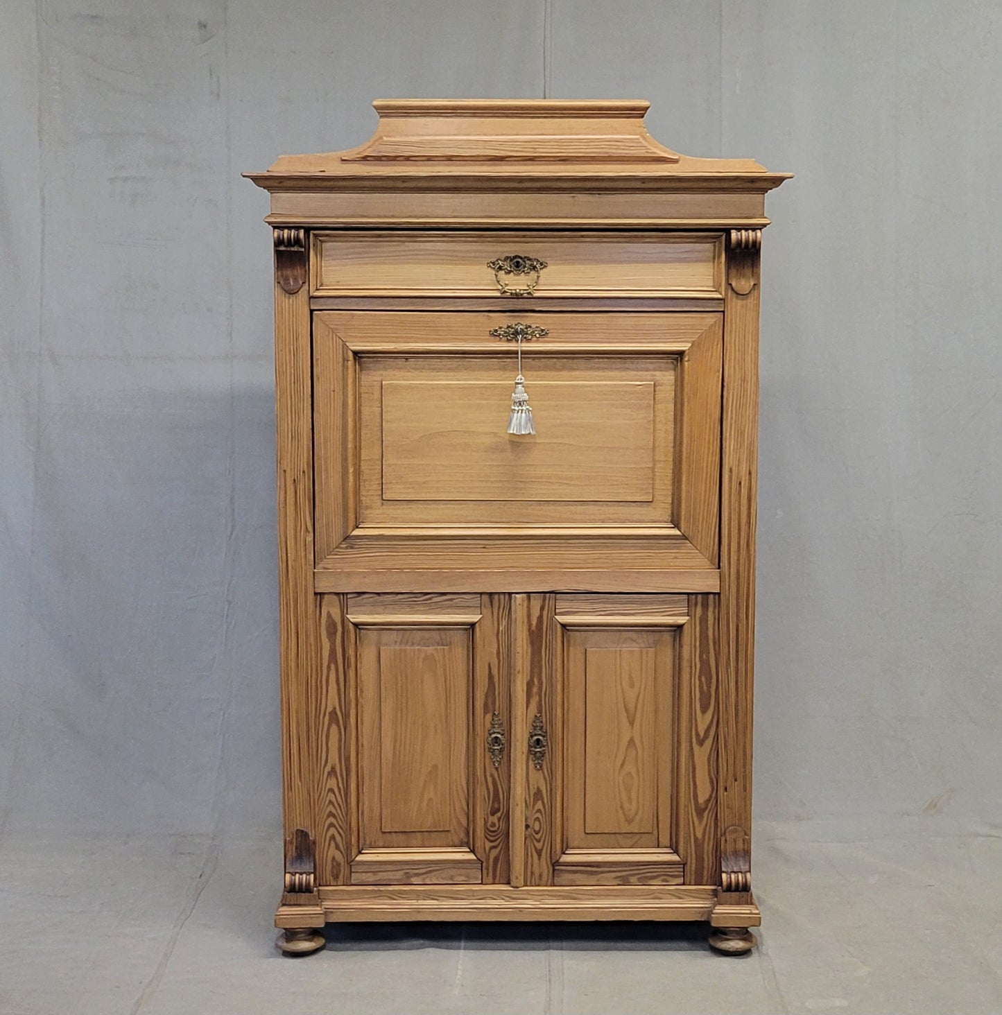 Antique Danish Biedermeier Pine Secretary Desk With Blue Leather