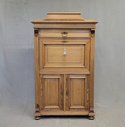 Antique Danish Biedermeier Pine Secretary Desk With Blue Leather