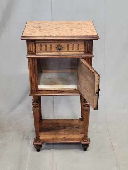 Antique French or Belgian Walnut Nightstands With Italian Marble - A Near Pair