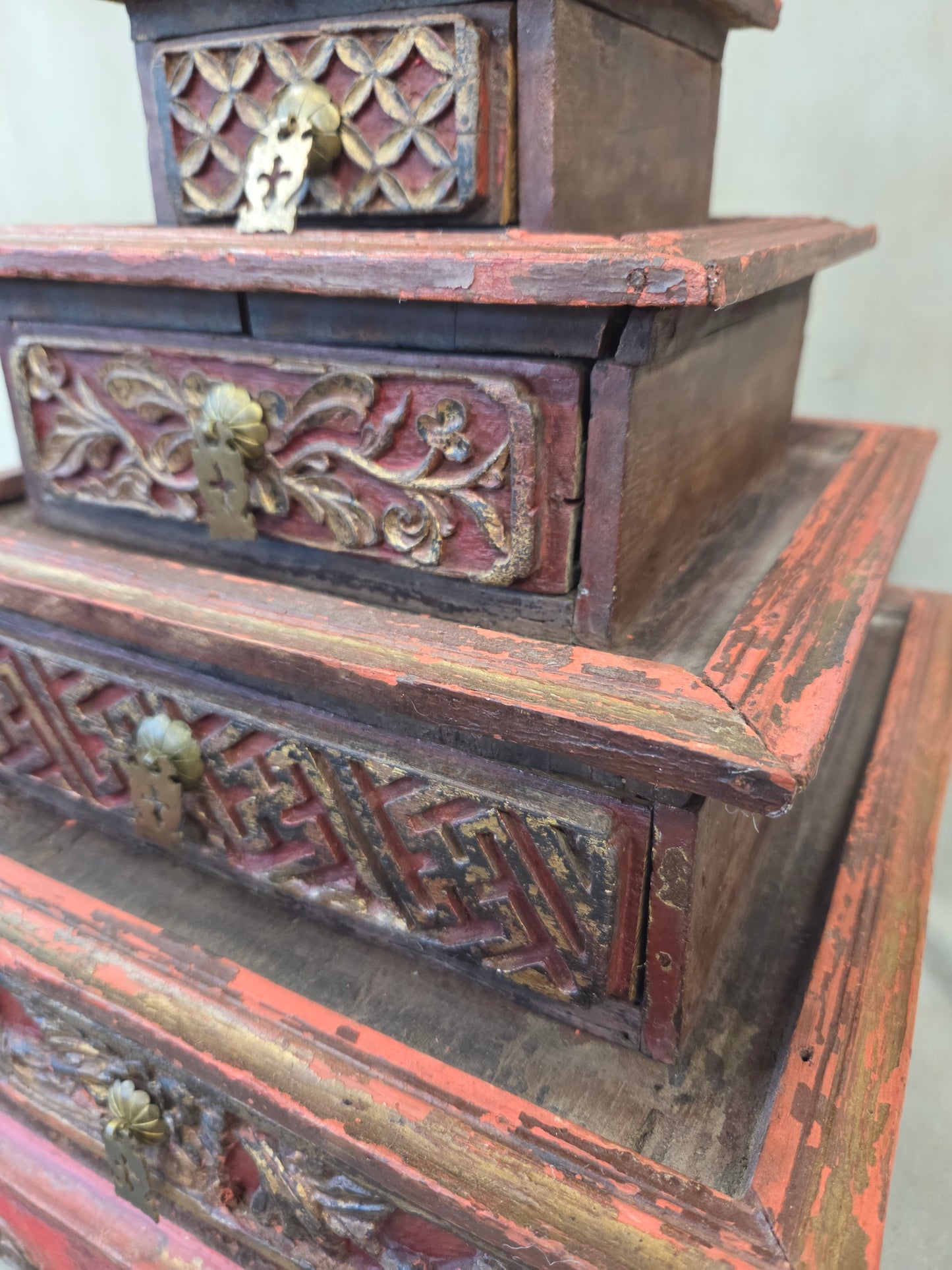 Vintage Sumatra, Indonesia Lacquer Pyramid Shaped Jewelry Box with Five Drawers