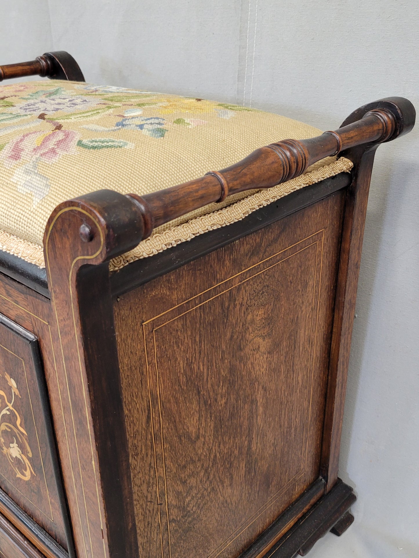 Antique English Edwardian Mahogany Inlay and Needelpoint Piano Stool