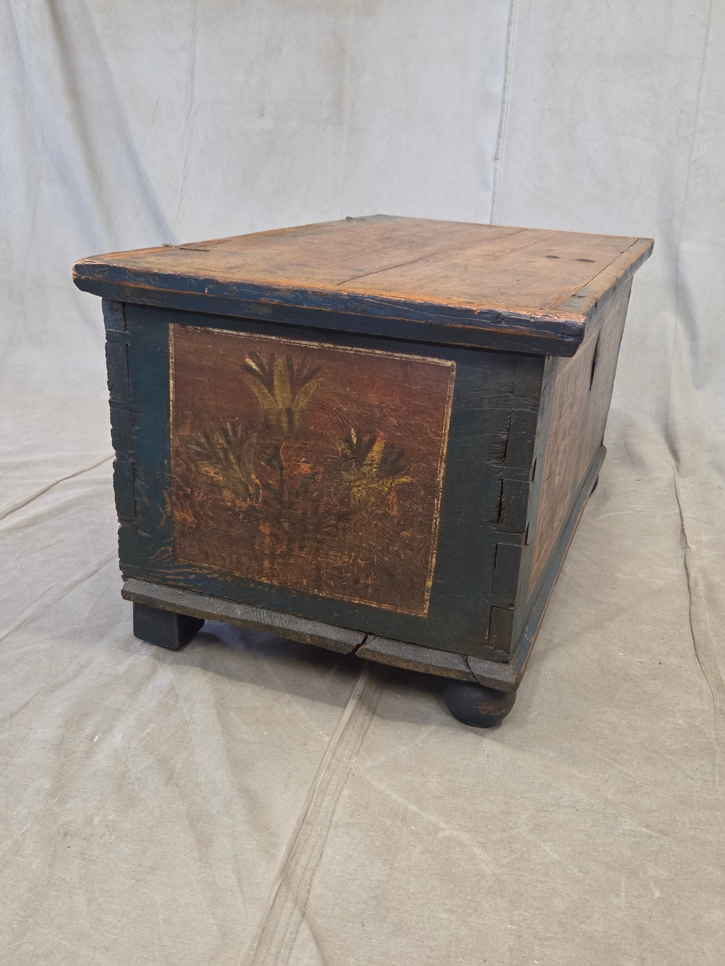 Antique 19th Century German or Austrian Original Blue Painted Pine Blanket Chest
