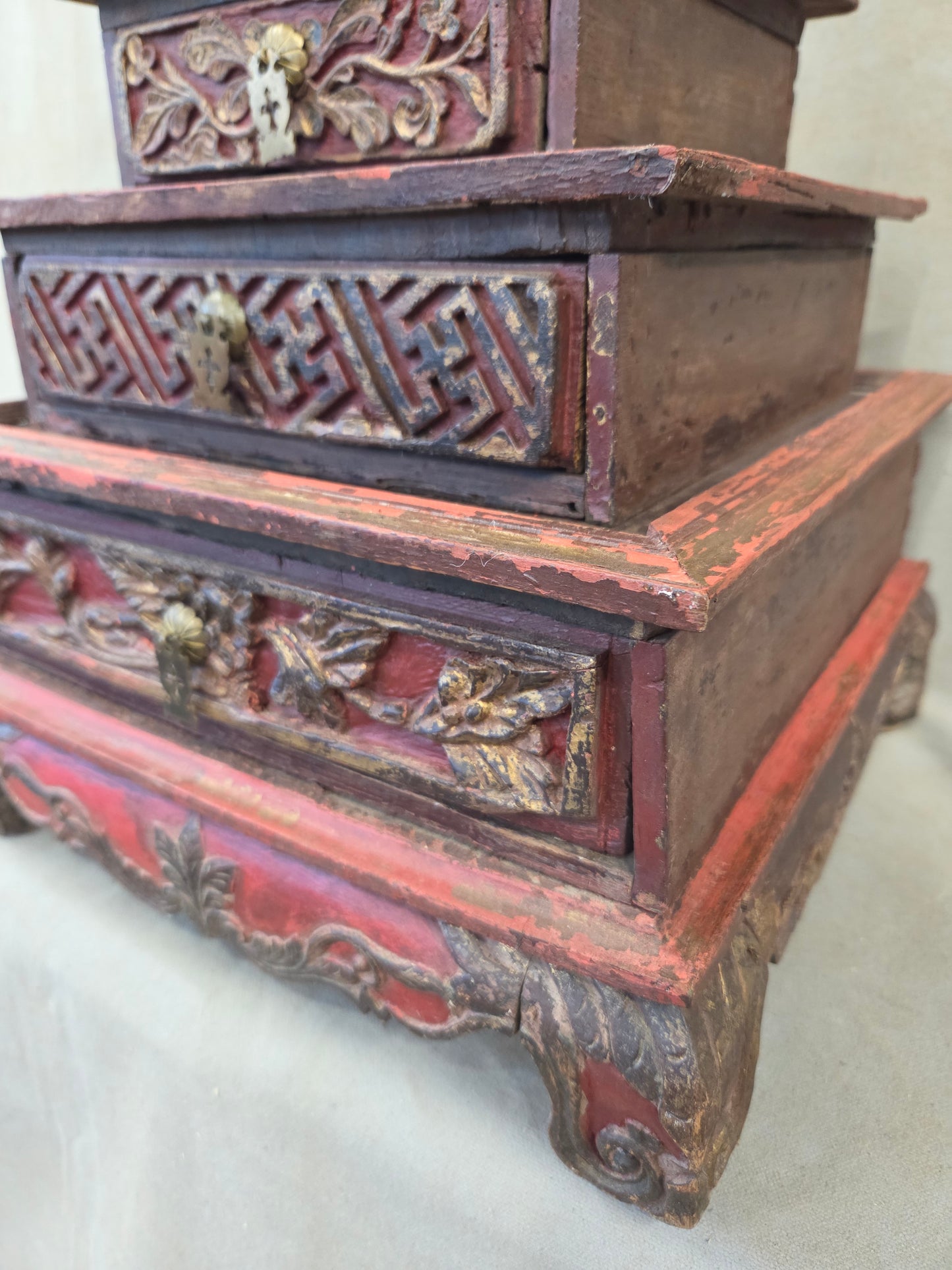 Vintage Sumatra, Indonesia Lacquer Pyramid Shaped Jewelry Box with Five Drawers