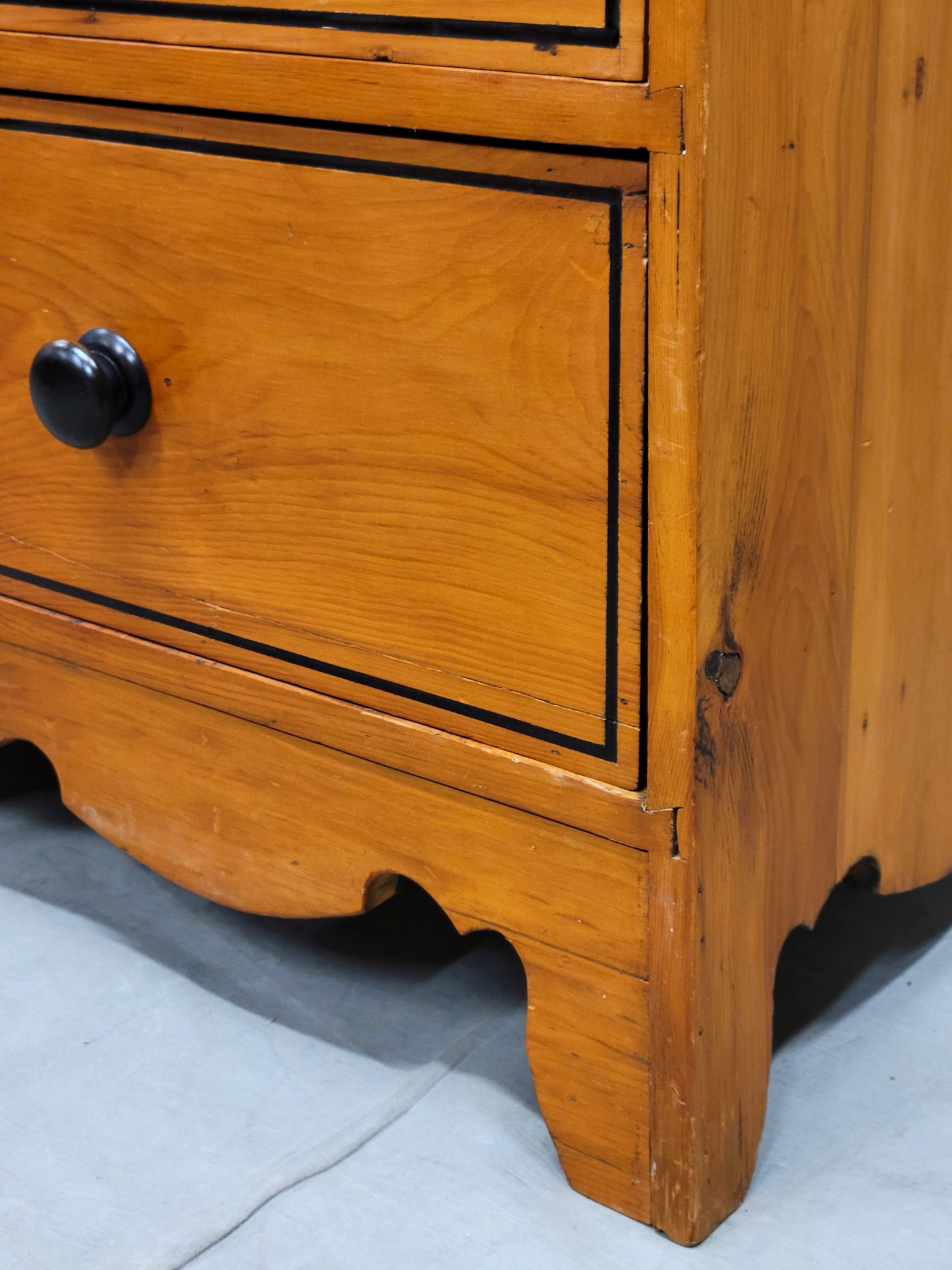 Antique English Pine Dresser With Painted French Line Motif and Marble Top