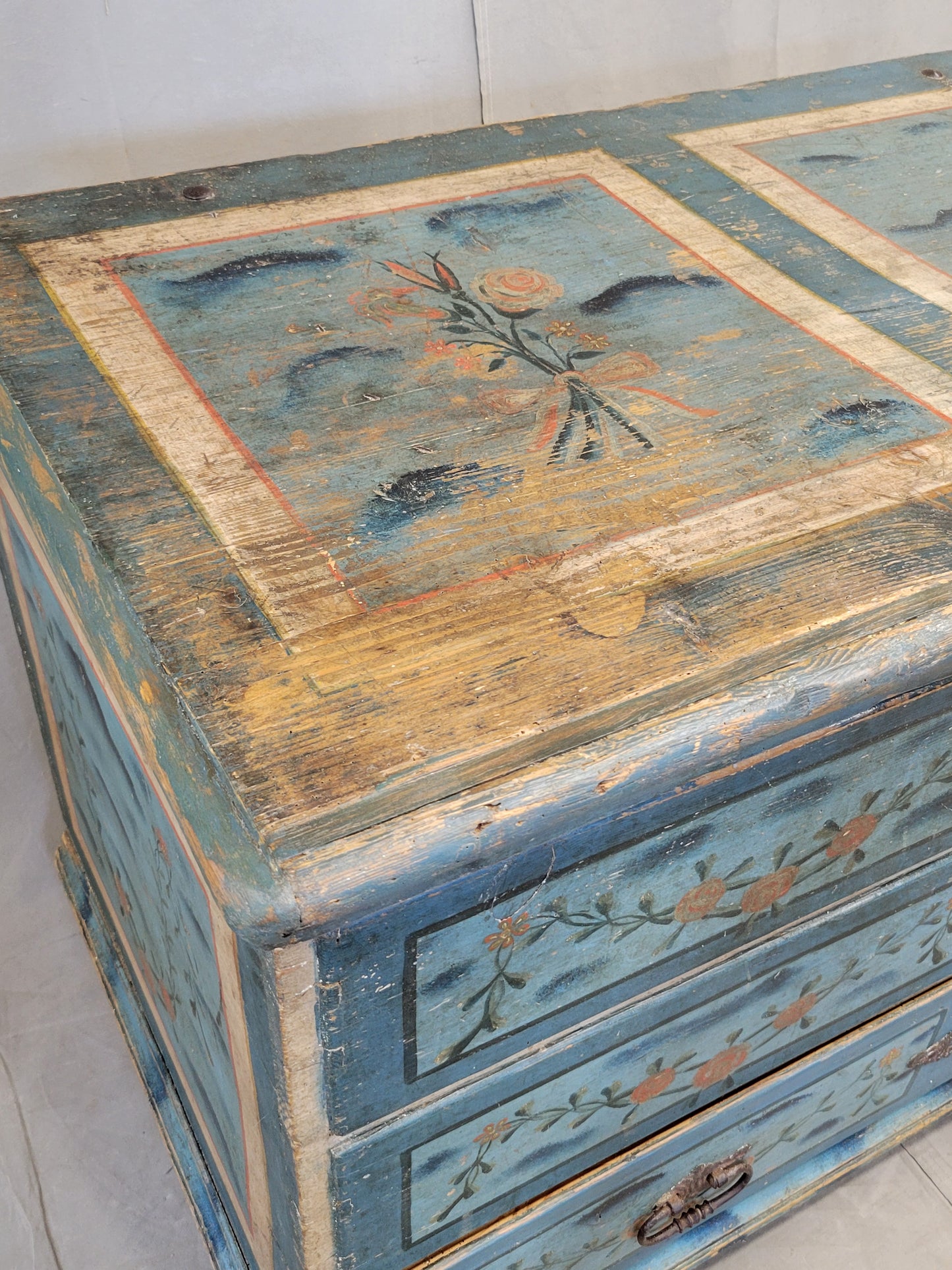 Antique 19th Century Scandinavian Blanket Chest With Drawer and Original Blue Paint