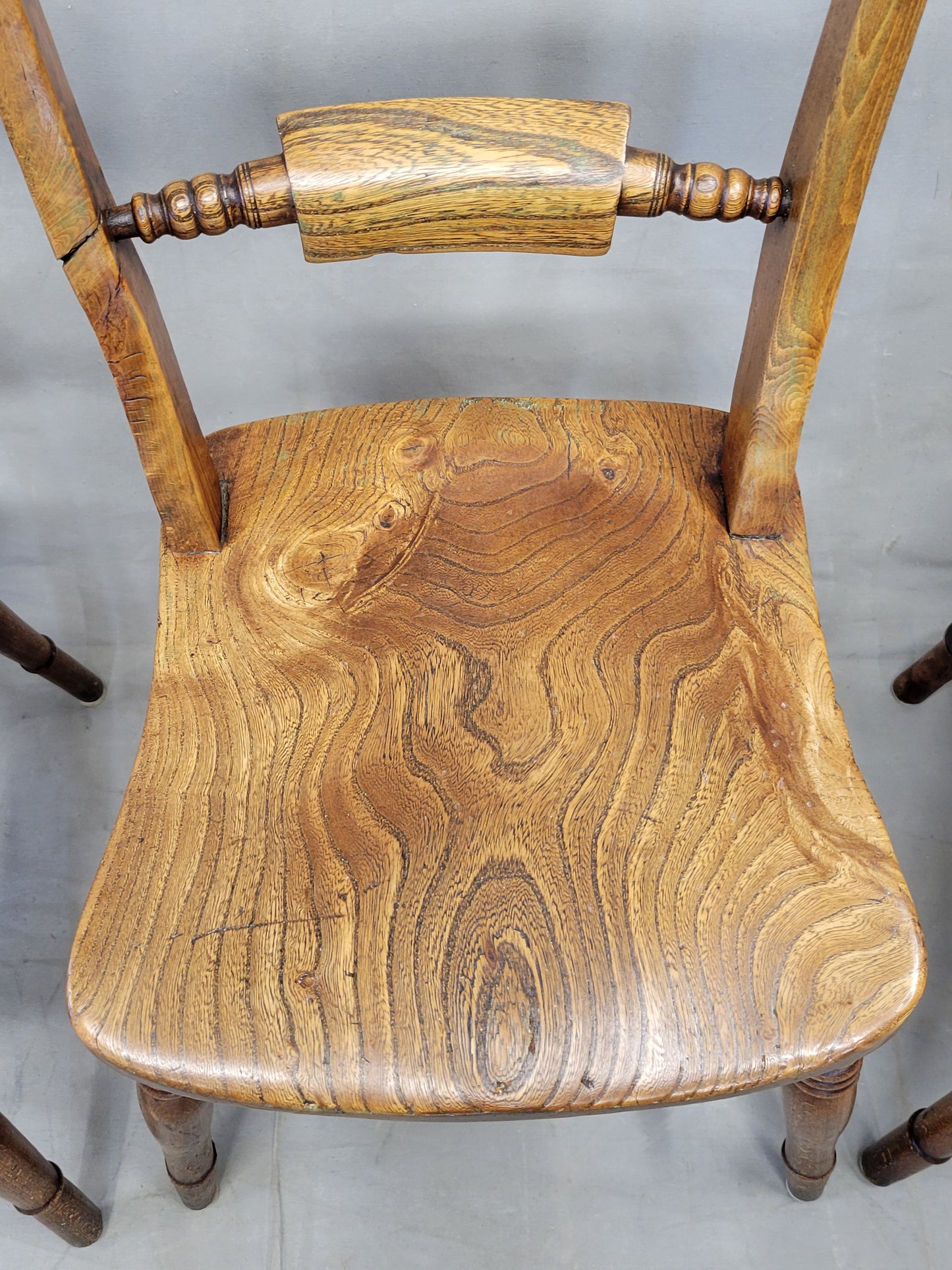 Antique 19th Century English Country Elm Oxford Bar-Back Side Chairs - Set of 6