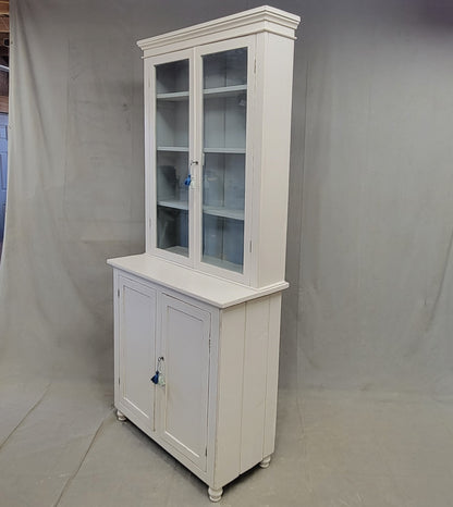 Antique English Country Painted Two Piece China or Curio Cabinet