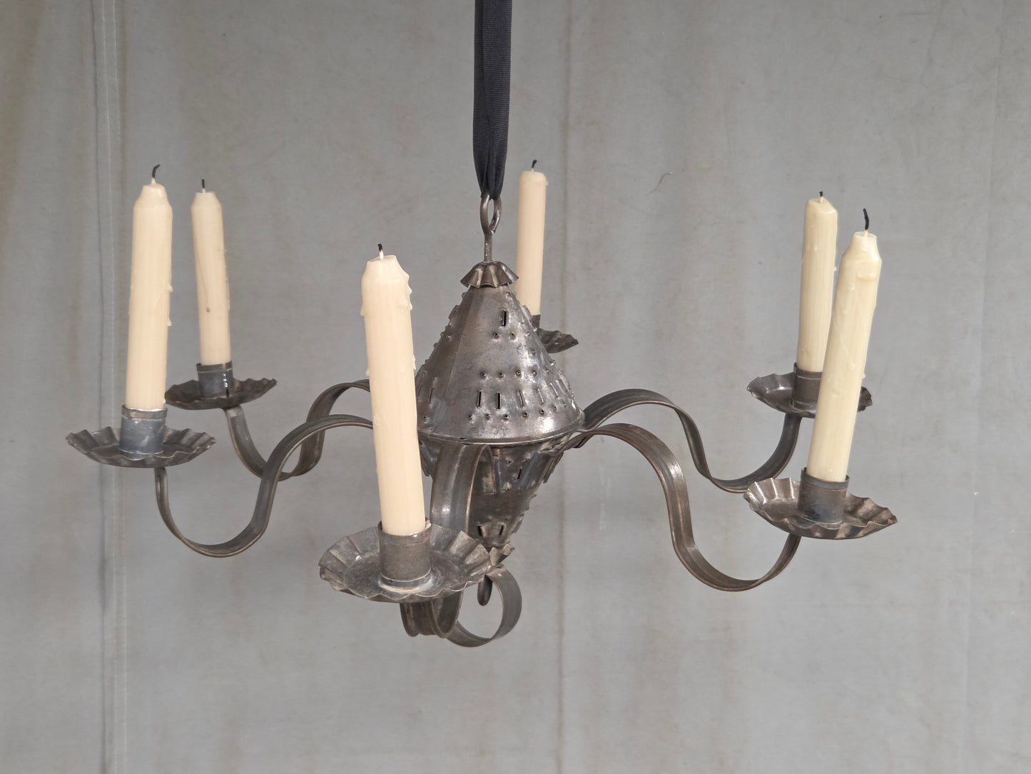 Antique Punched Tin Six-Arm Candle Chandelier, New Mexico, Spanish Colonial style