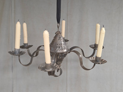 Antique Punched Tin Six-Arm Candle Chandelier, New Mexico, Spanish Colonial style