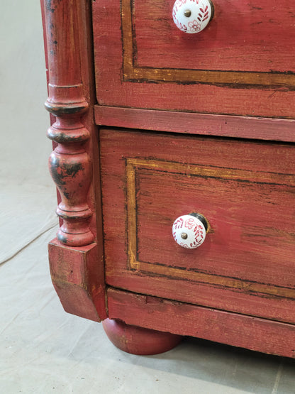 Antique European Pine Dresser With Red Distressed Paint and French Line Motif