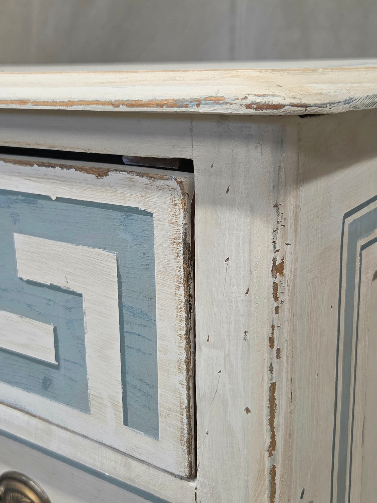Antique 19th C. Painted Pine Dresser Chest of Drawers With Greek Key Motif