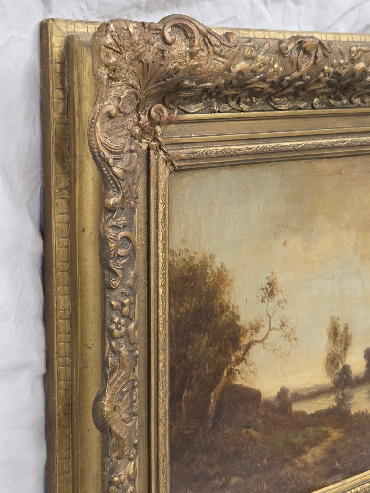 Antique Dutch Late 1800s Sunrise Over Water Landscape, Original Frame, Signed