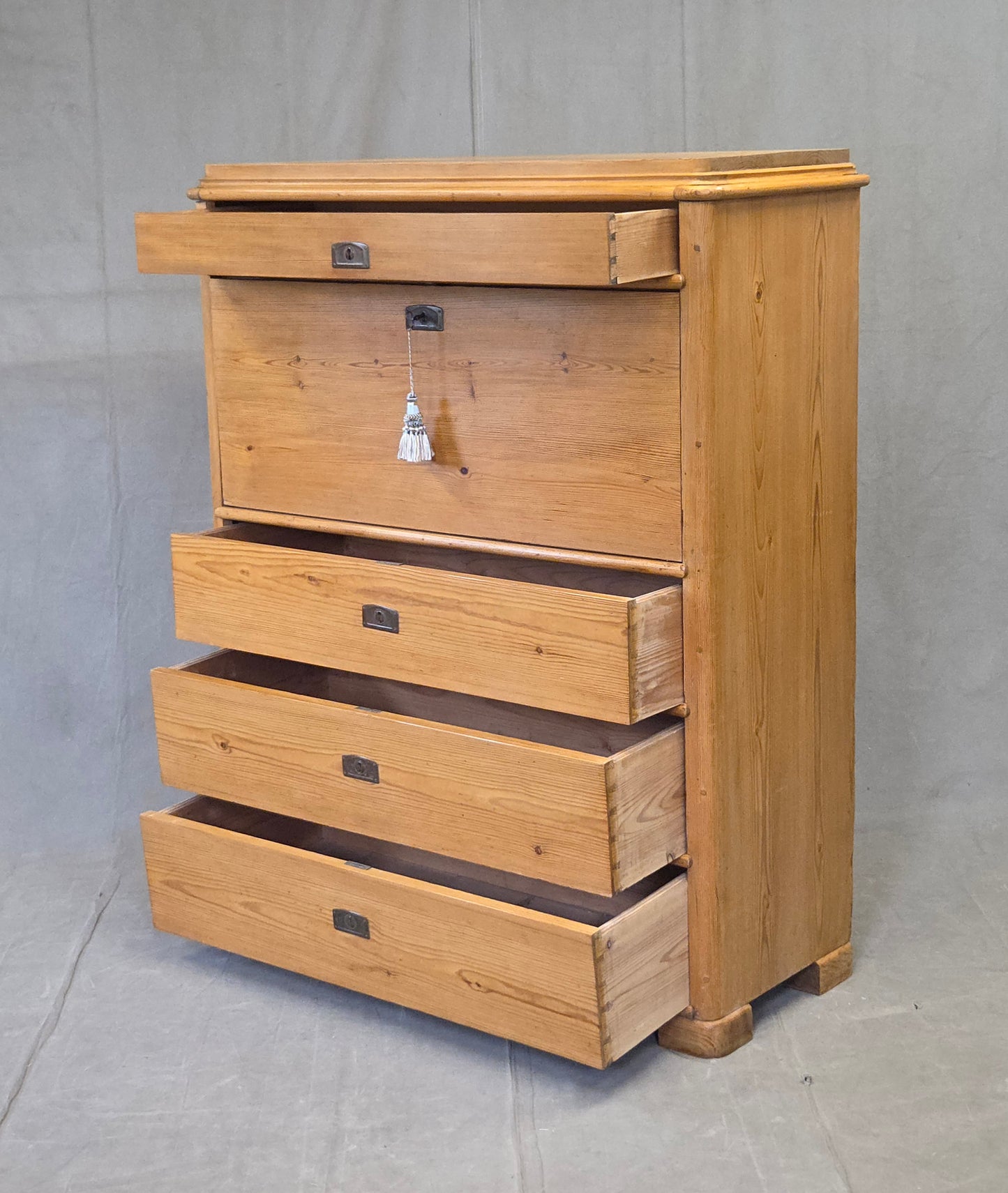 Antique Swedish Biedermeier Natural Pine Drop Front Desk with Drawers and Keys