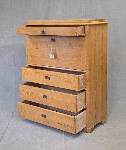 Antique Swedish Biedermeier Natural Pine Drop Front Desk with Drawers and Keys
