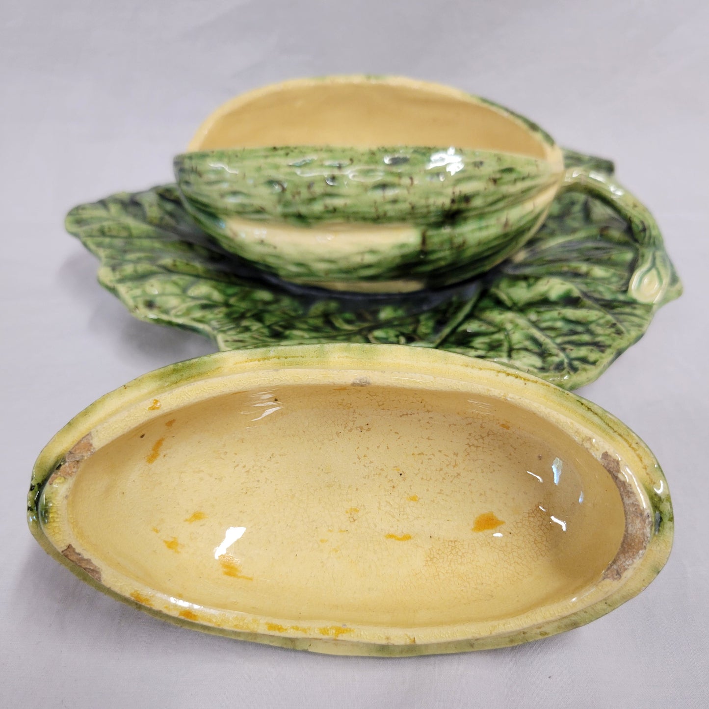 Antique Majolica Melon on Leaf Dish in the Style of Sarreguemines