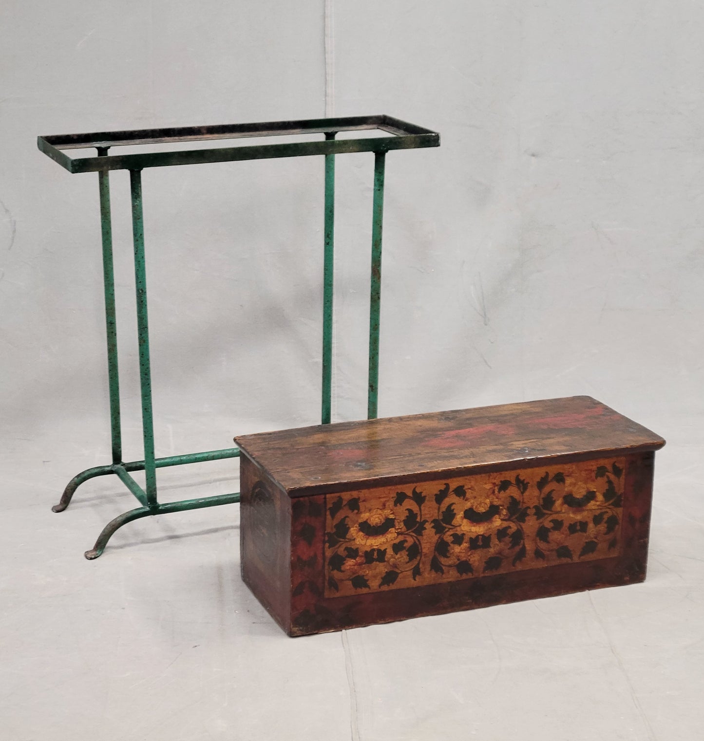 Antique Tibetan Lacquer Altar Box With Drawer on a Modern Steel Stand / Console Table (RL)