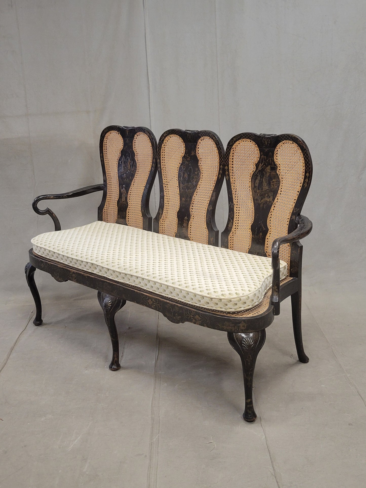 Antique 19th Century English Chinoiserie Lacquer and Cane Chair Back Settee