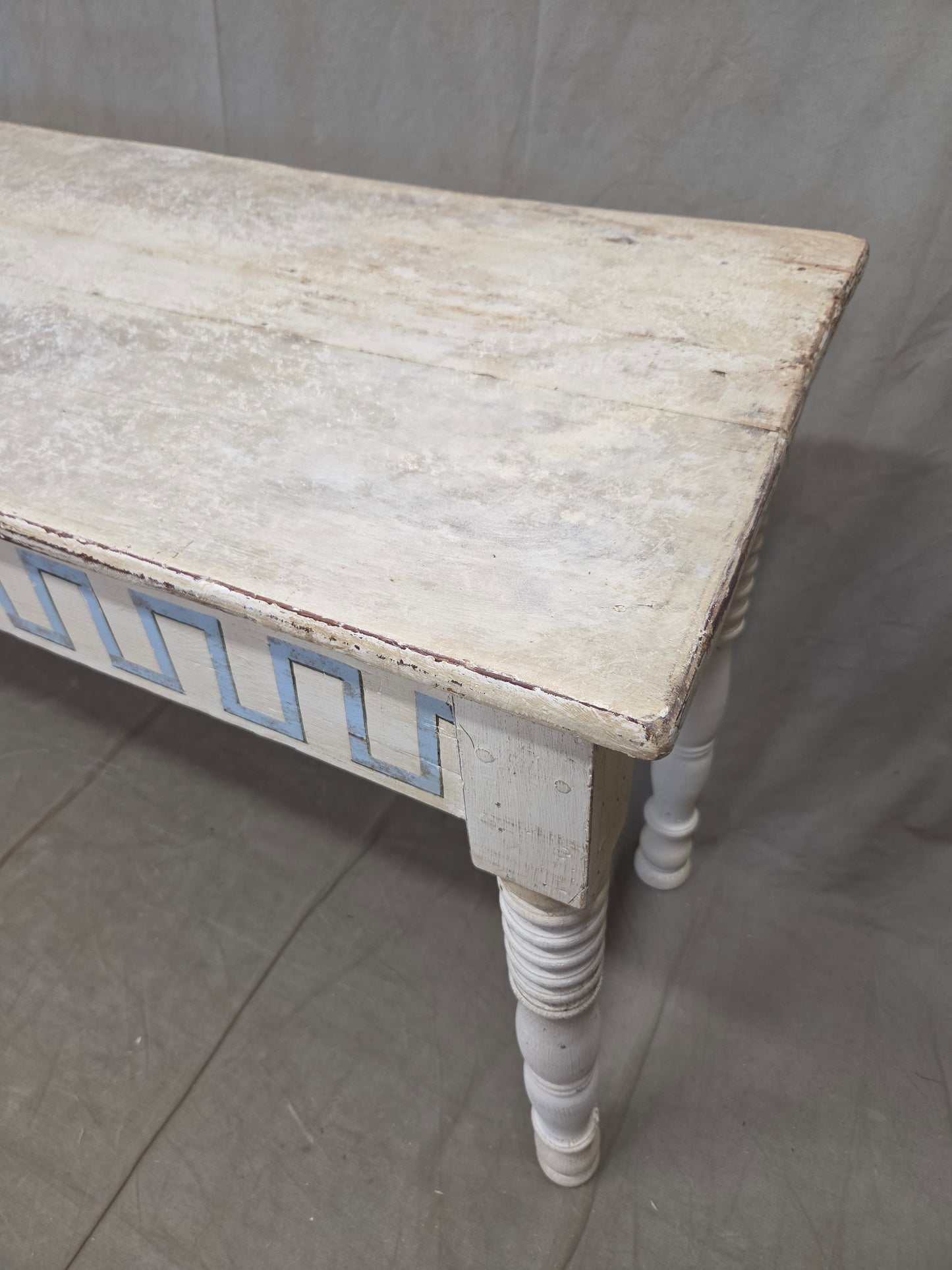 Antique French Rustic Painted Pine Console Table with Greek Key Motif