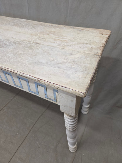 Antique French Rustic Painted Pine Console Table with Greek Key Motif